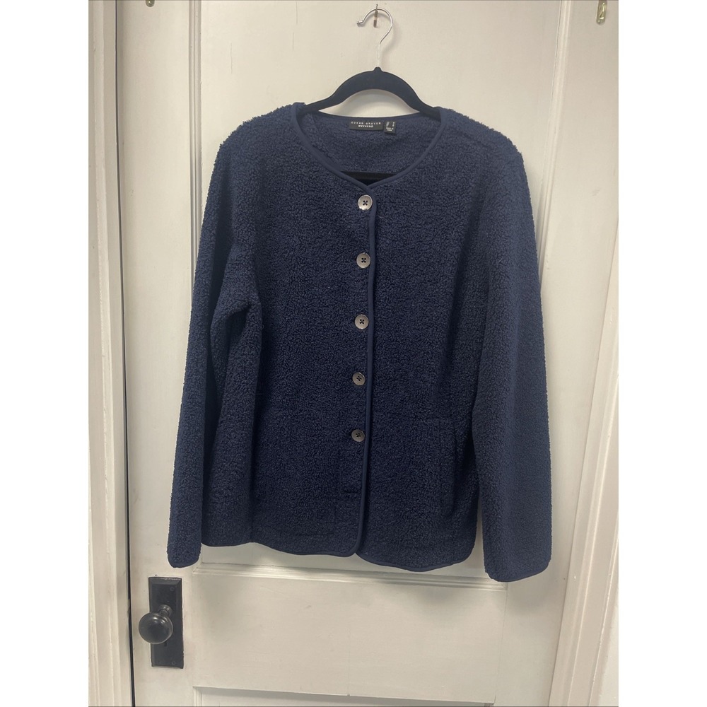 Susan Graver Weekend Jacket Womens M Navy Sherpa Fleece Button Pockets Cozy